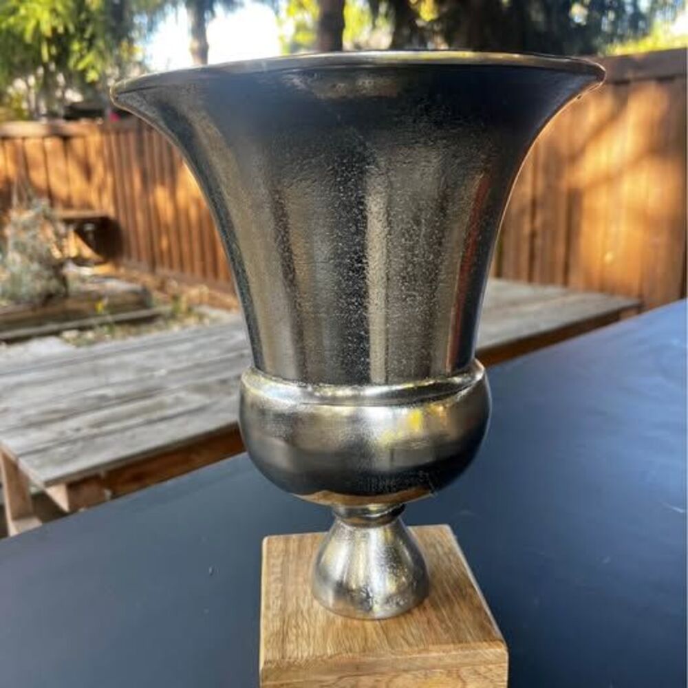 Silver Metal Urn Vase on Wood Base